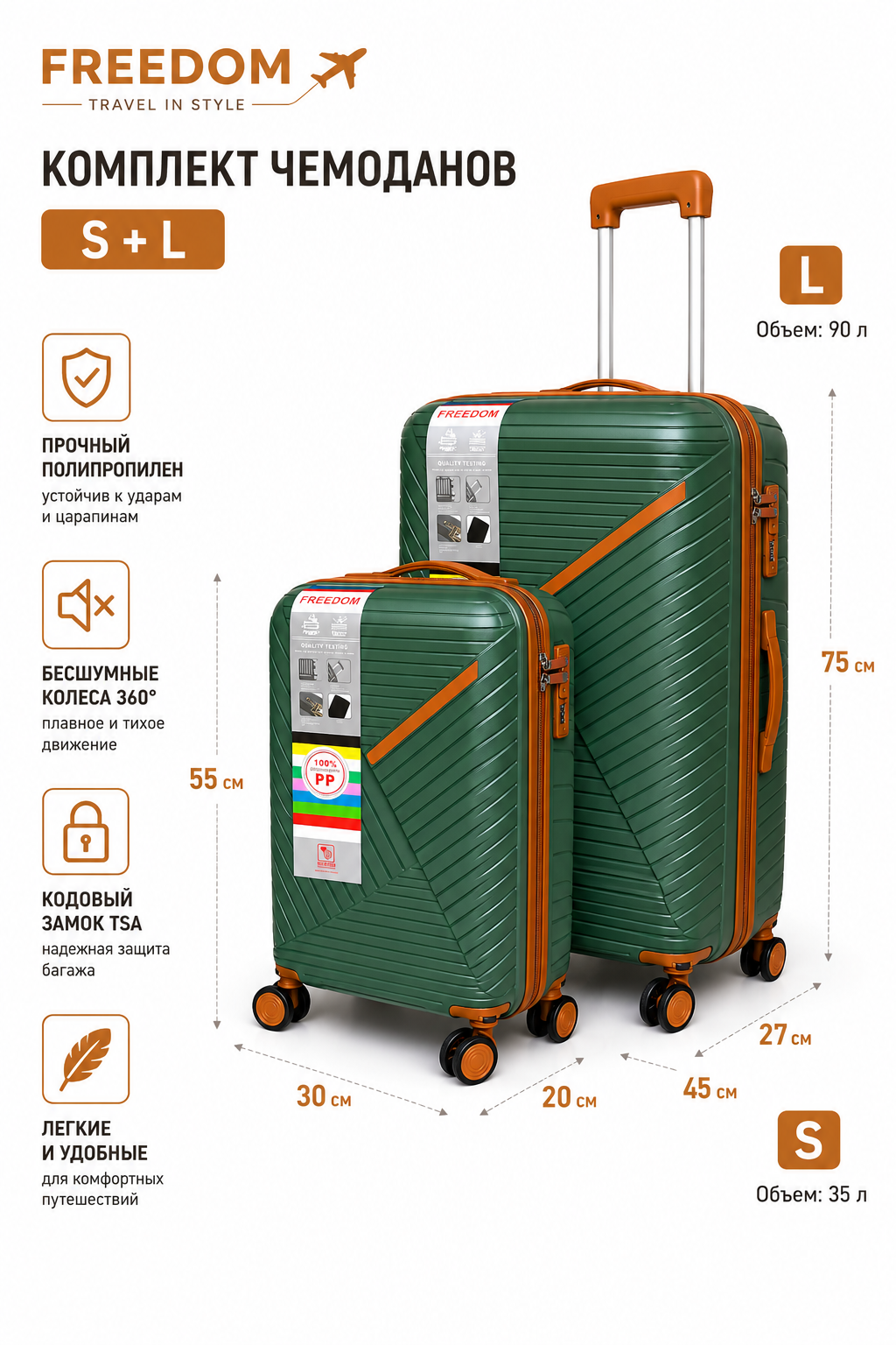 Комплекти из 2-х чемоданов FREEDOM PP Travel Set: Зеленый, размер S+L