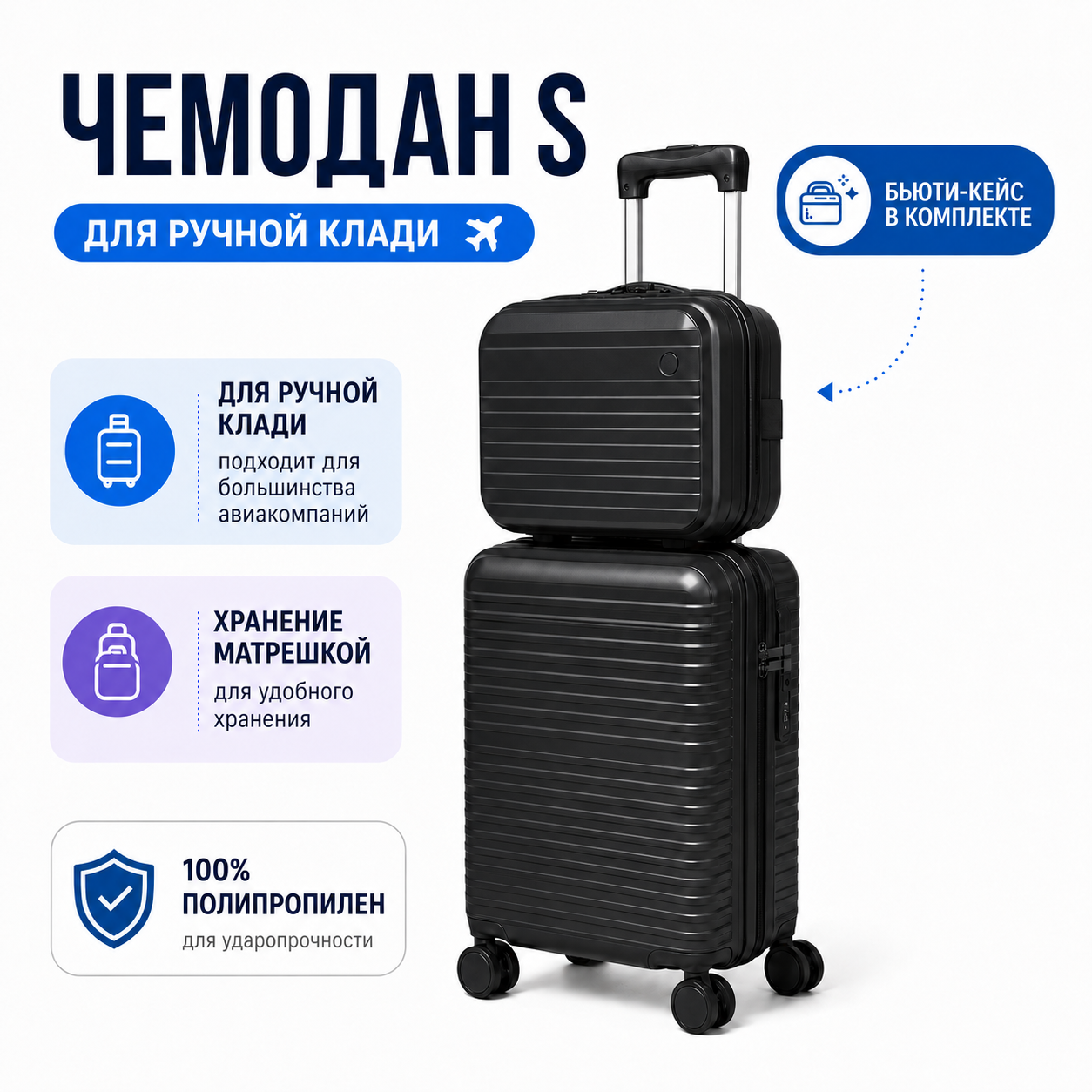 Комплект FREEDOM PP Black: чемодан S ручная кладь + бьюти-кейс