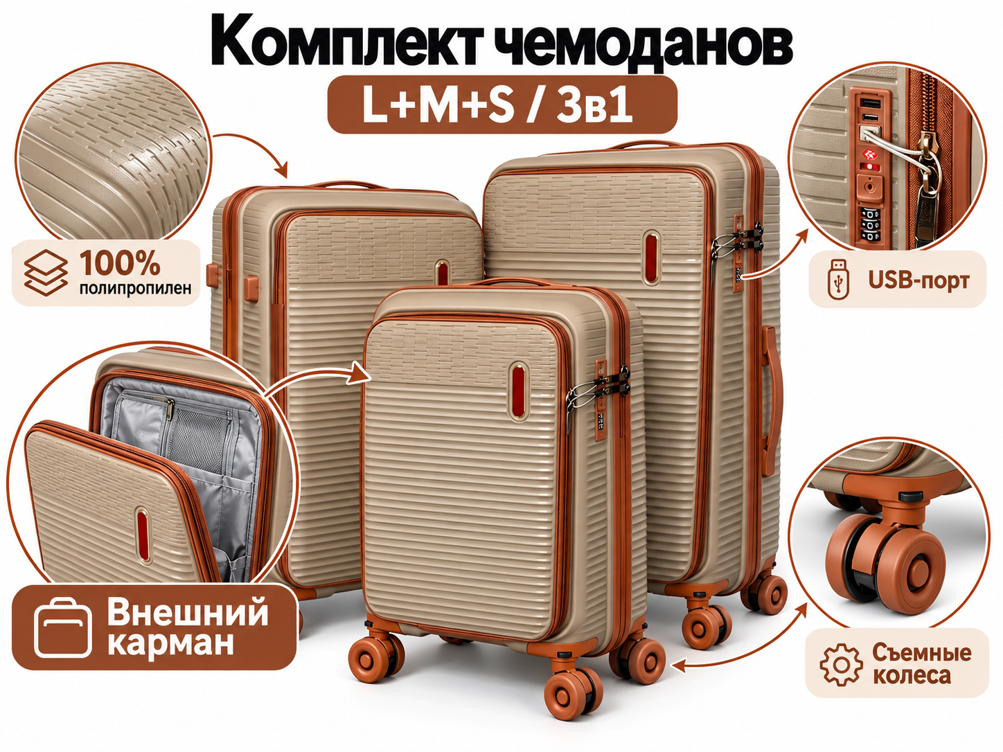 Комплект 3в1 с внешним карманом FREEDOM PP, полипропилен, цвет Хаки, размер S/M/L