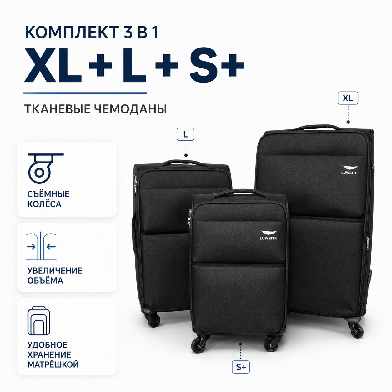 Комплект тканевых чемоданов LUWEITE 3в1, Черный размеры XL/L/S+ с расширением объема и съемными коле