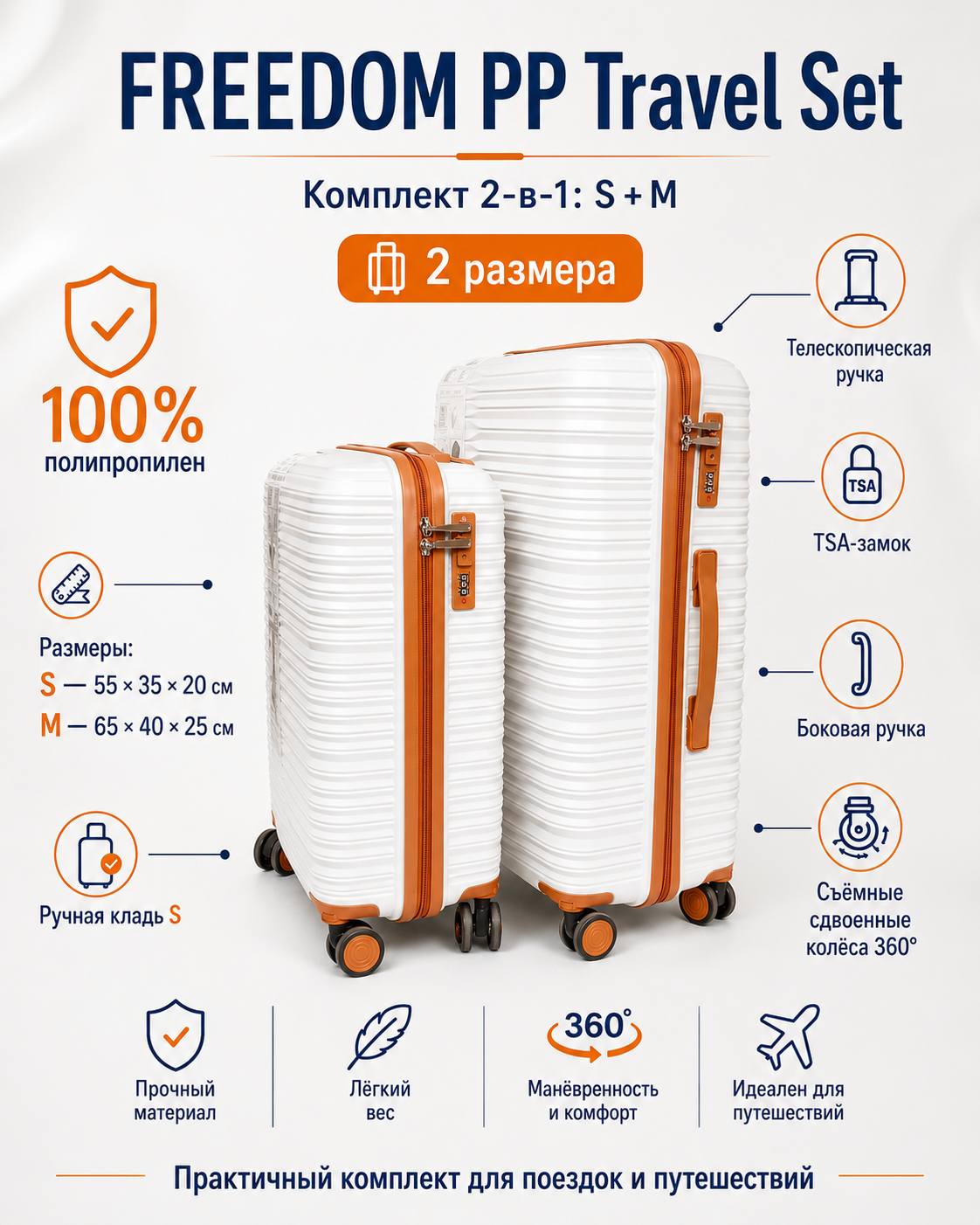 Комплекти из 2-х чемоданов FREEDOM PP Travel Set: Белый, размер S+M