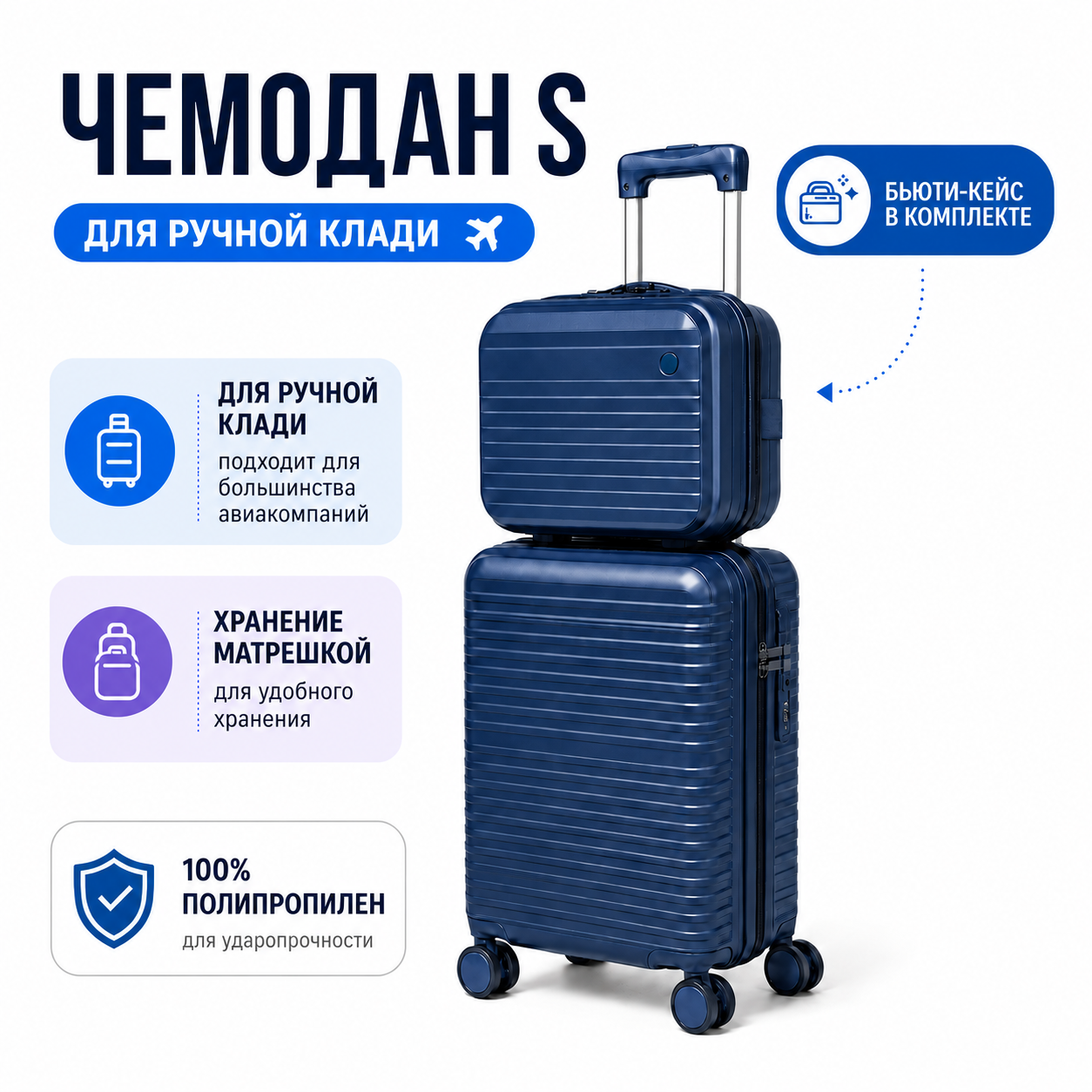 Комплект FREEDOM PP Темно-Синий: чемодан S ручная кладь + бьюти-кейс