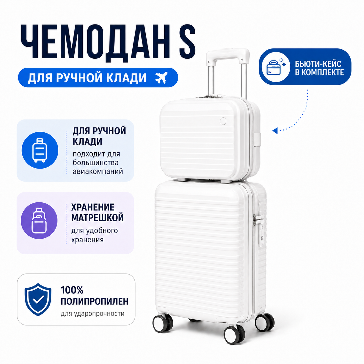 Комплект FREEDOM PP Белый: чемодан S ручная кладь + бьюти-кейс