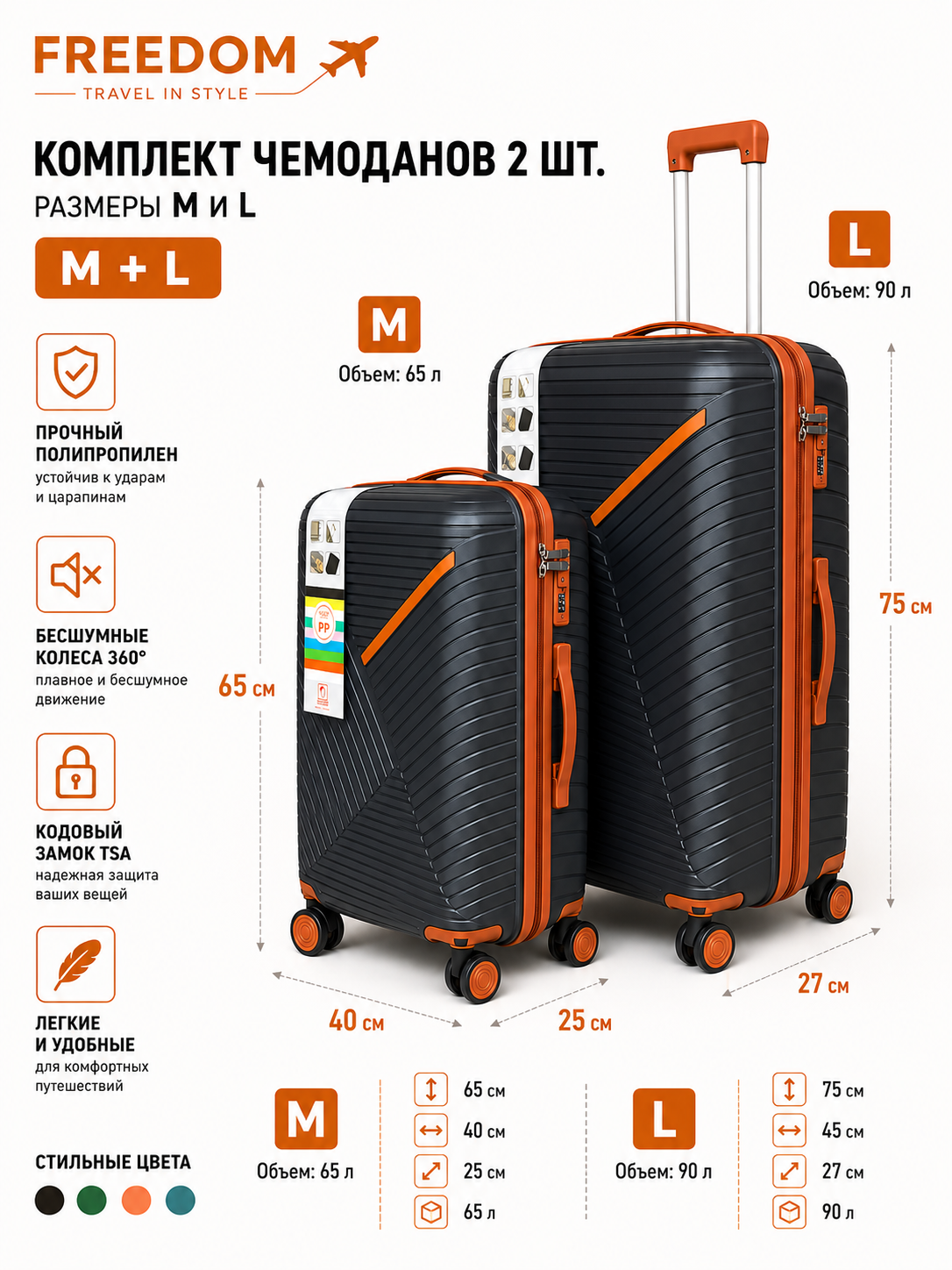 Комплекти из 2-х чемоданов FREEDOM PP Travel Set: Черный, размер M+L