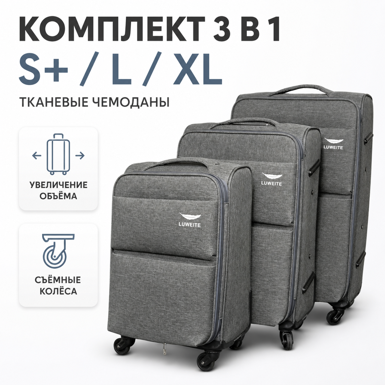Комплект тканевых чемоданов LUWEITE 3в1, Серый, размеры XL/L/S+ с расширением объема и съемными коле