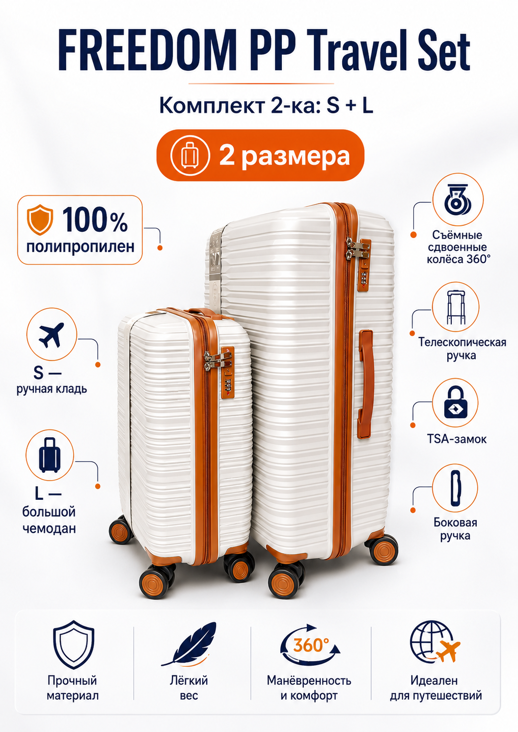 Комплекти из 2-х чемоданов FREEDOM PP Travel Set: Белый, размер S+L